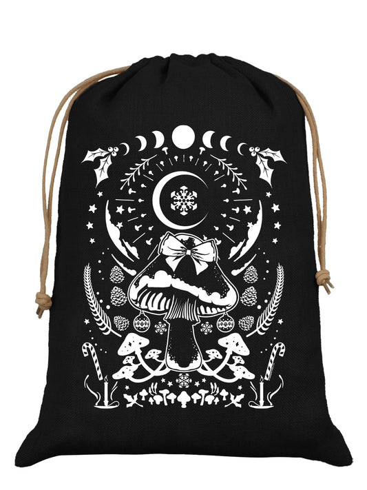 Festive Foraging Mushroom Black Hessian Santa Sack