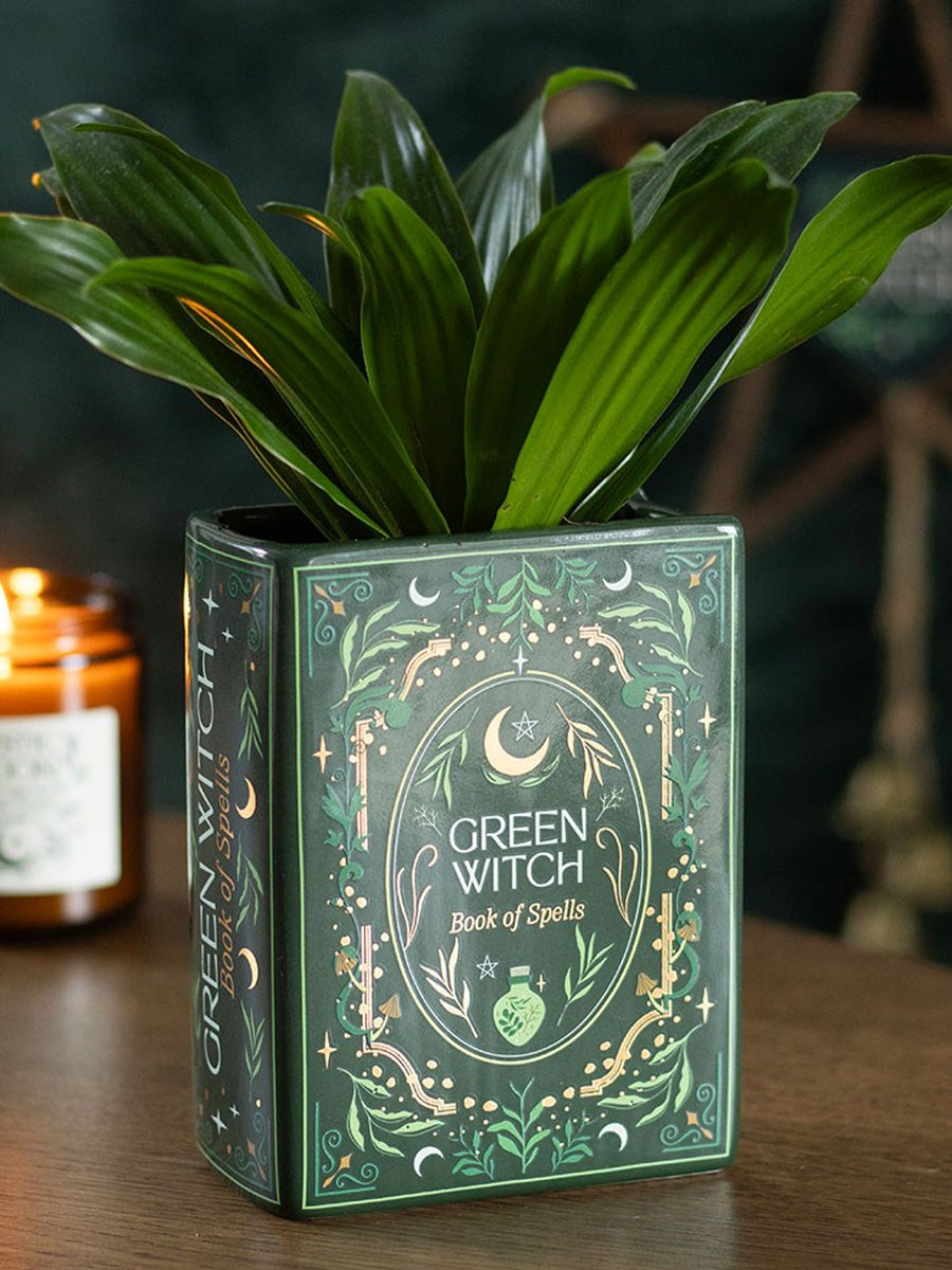 Green Witch Book Shaped Ceramic Vase