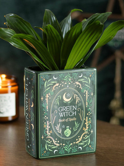 Green Witch Book Shaped Ceramic Vase
