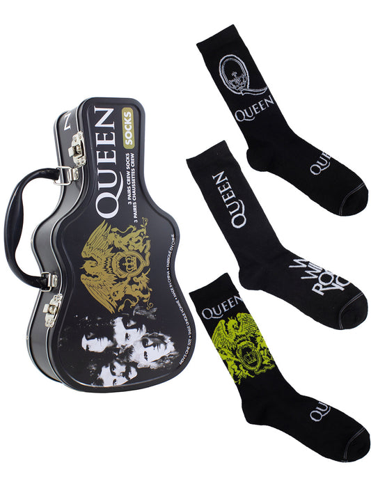 Queen Logos Socks with Guitar Shaped Gift Tin - 3 Pairs (UK Size 6.5 - 11)