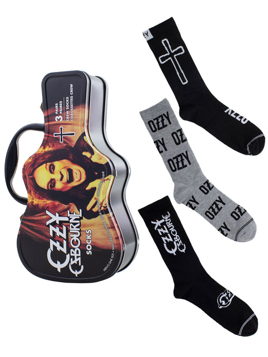 Ozzy Osbourne Logos Socks with Guitar Shaped Gift Tin - 3 Pairs (UK Size 6.5 - 11)