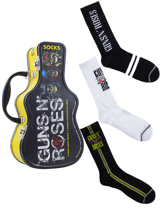 Guns N' Roses Logos Socks with Guitar Shaped Gift Tin - 3 Pairs (UK Size 6.5 - 11)