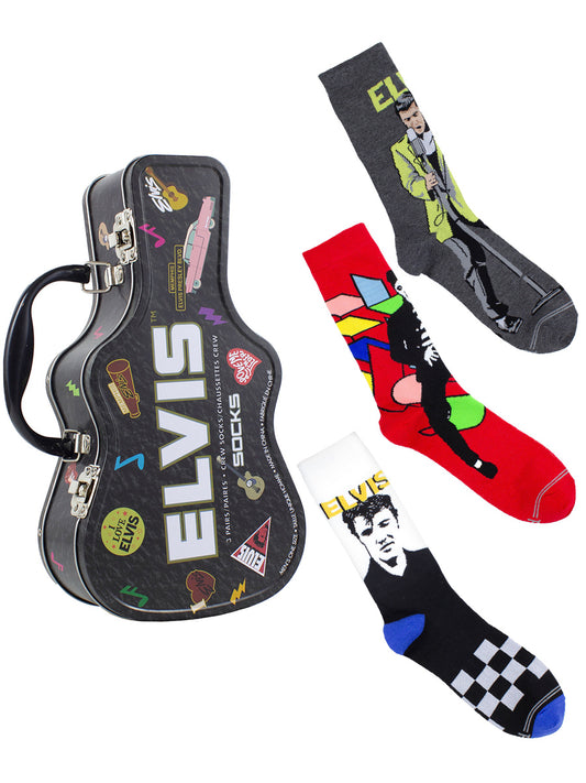 Elvis Presley Logos Socks with Guitar Shaped Gift Tin - 3 Pairs (UK Size 6.5 - 11)
