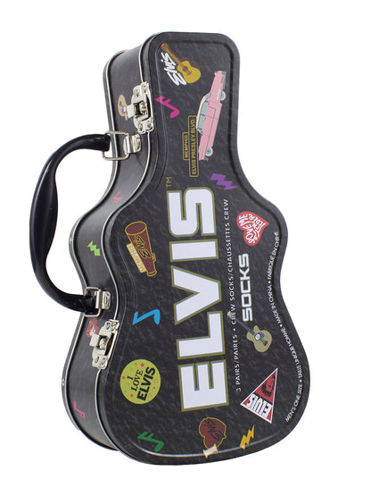 Elvis Presley Logos Socks with Guitar Shaped Gift Tin - 3 Pairs (UK Size 6.5 - 11)