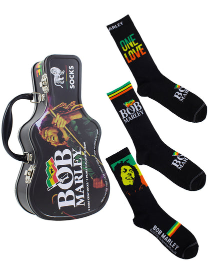 Bob Marley Logos Socks with Guitar Shaped Gift Tin - 3 Pairs (UK Size 6.5 - 11)