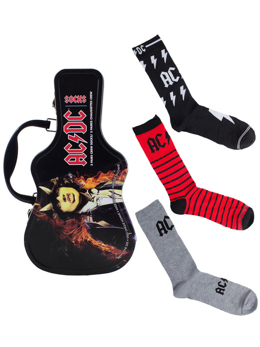 AC/DC Logos Socks with Guitar Shaped Gift Tin - 3 Pairs (UK Size 6.5 - 11)