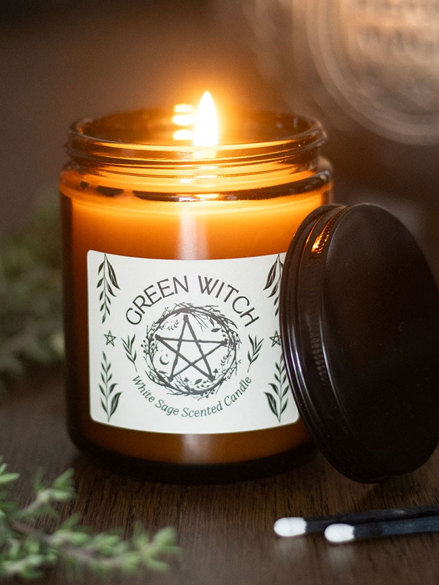 Green Witch White Sage Amber Glass Candle