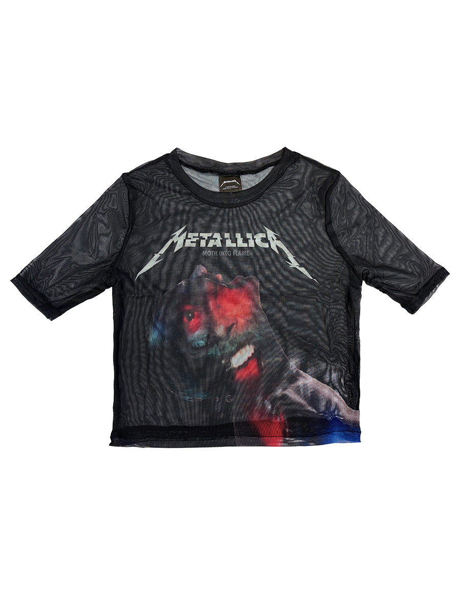 Metallica Moth Into Flame Ladies Black Mesh Crop Top
