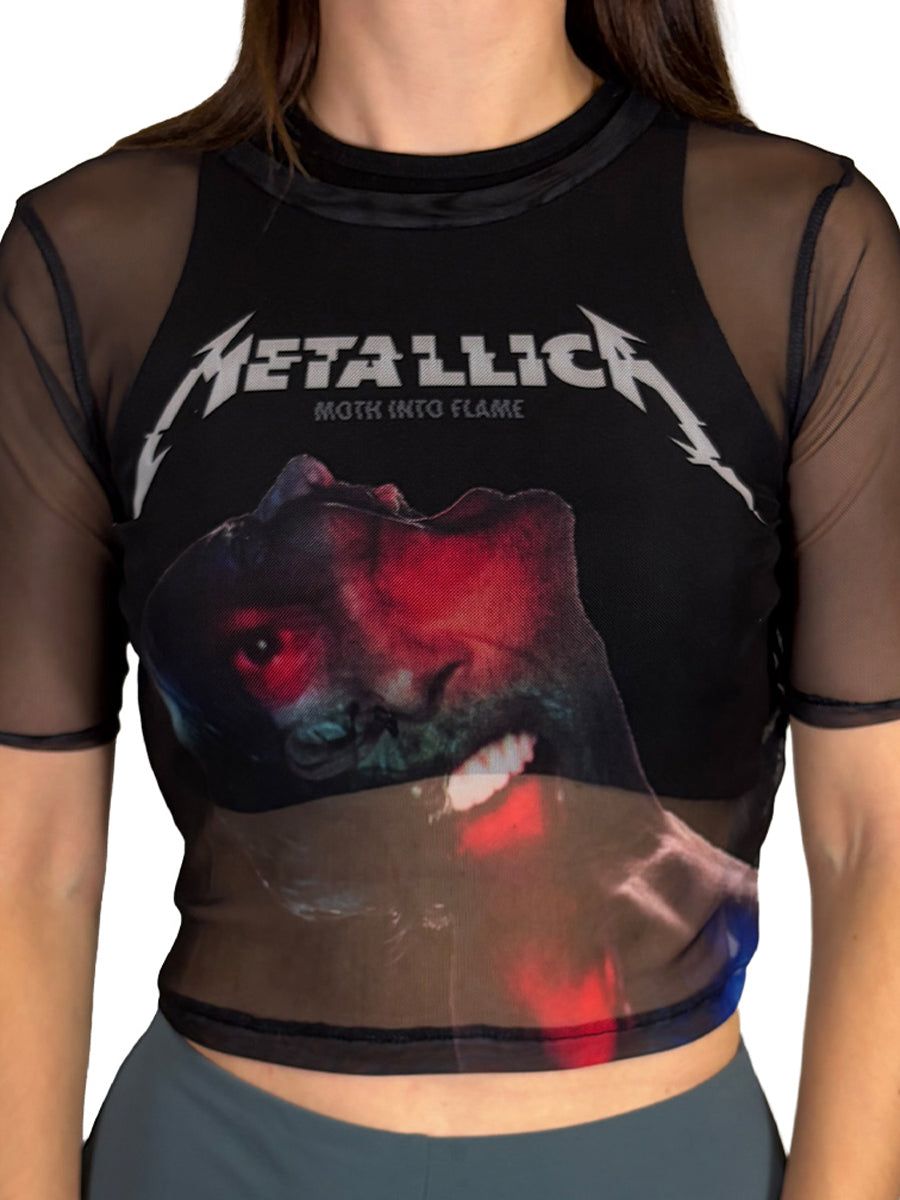 Metallica Moth Into Flame Ladies Black Mesh Crop Top