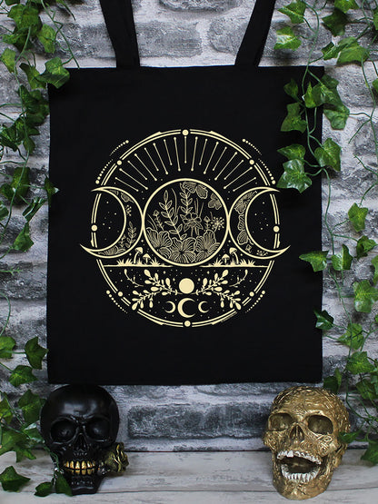 Verdant Triple Moon Black Tote Bag