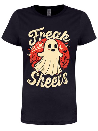 Halloween Freak In The Sheets Ladies Black T-Shirt