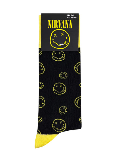 Nirvana Outline Happy Face Black Socks (UK Size 7-11)