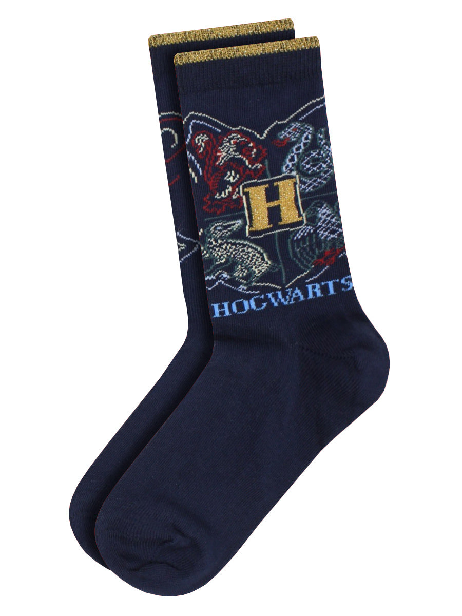 Harry Potter Hogwarts Crest Glitter Navy Socks (UK Size 4-8)