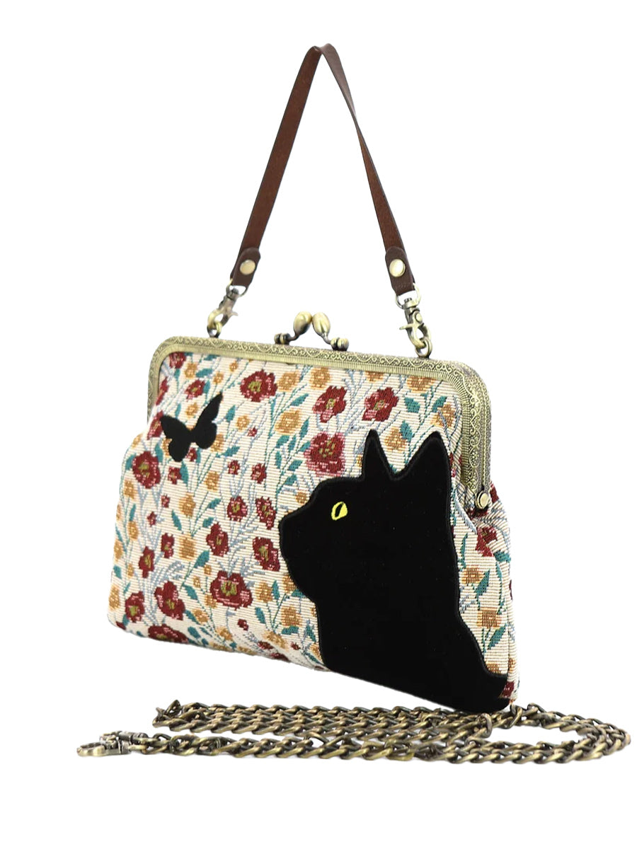 Floral Black Cat Kisslock Bag