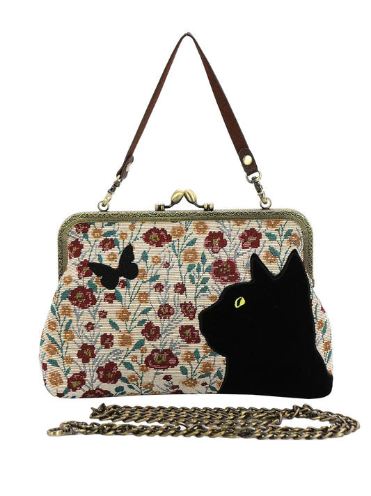 Floral Black Cat Kisslock Bag