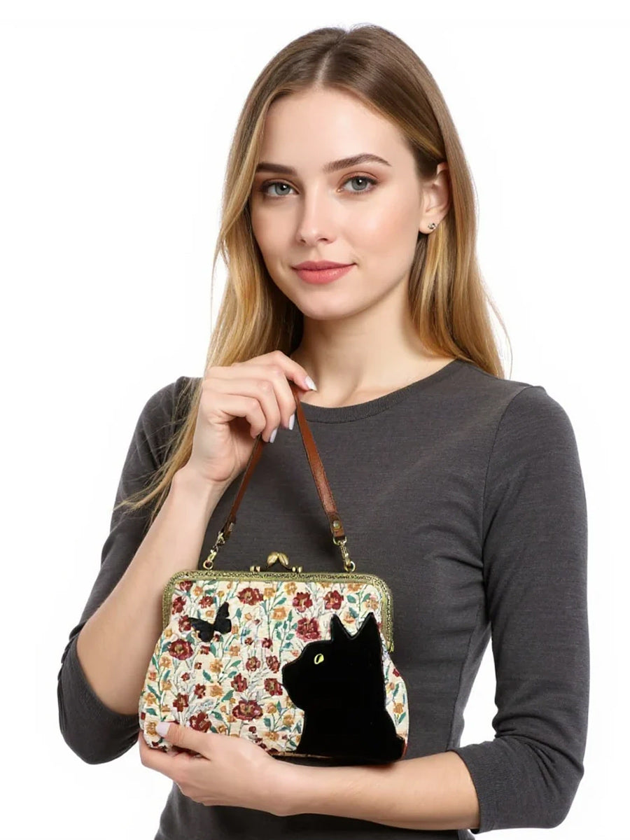 Floral Black Cat Kisslock Bag