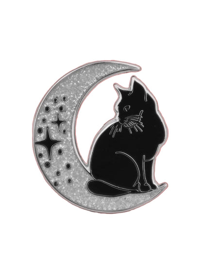 Cat On Glitter Moon Enamel Pin Badge