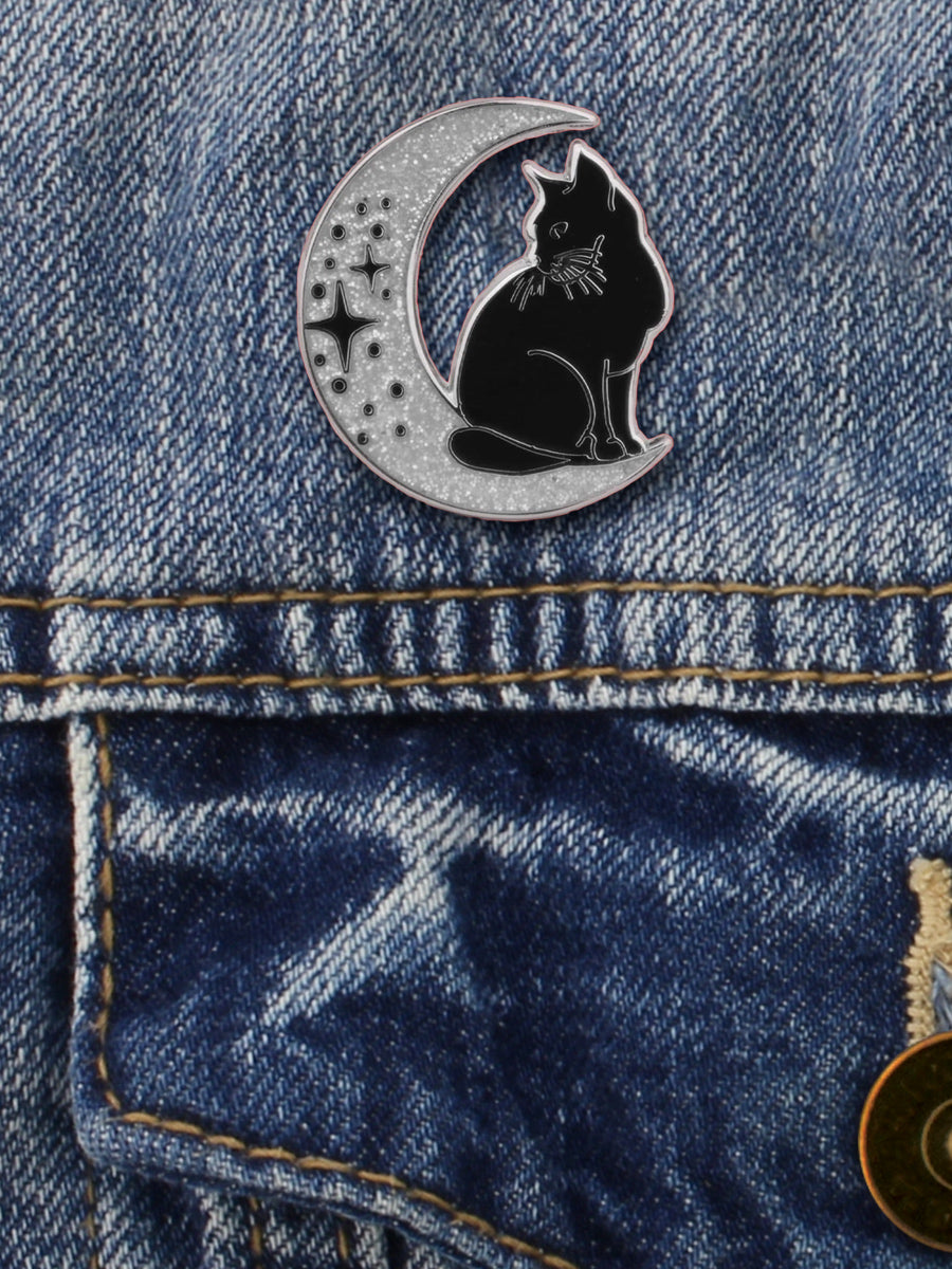 Cat On Glitter Moon Enamel Pin Badge