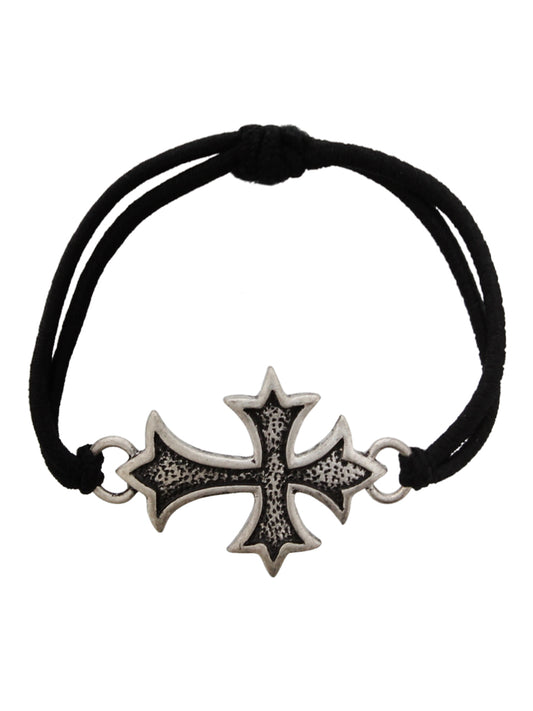 Fad Treasures Black Elastic Bracelet With Silver Gothic Cross