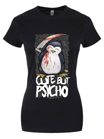 Psycho Penguin Cute But Psycho Ladies Black T-Shirt