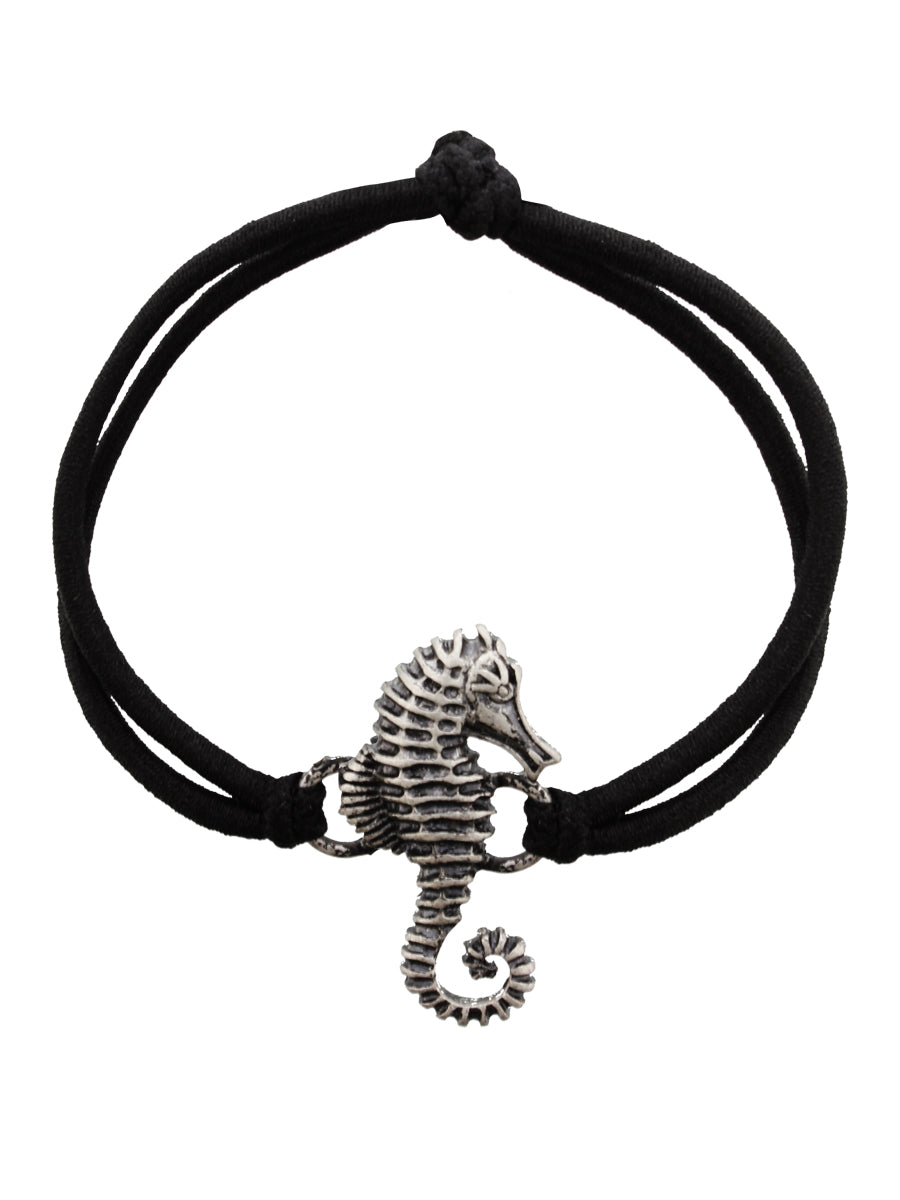 Fad Treasures Black Elastic Bracelet With Silver Seahorse