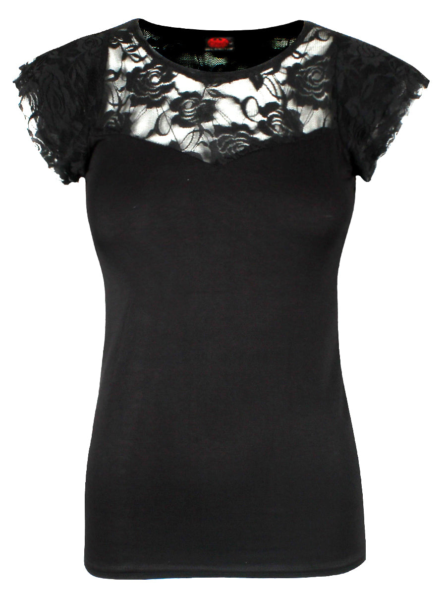 Spiral Gothic Elegance Lace Layered Cap Sleeve Black Top