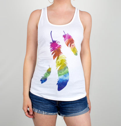 Rainbow Feathers Ladies White Floaty Vest