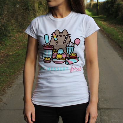 Pusheen Eat Dessert First Ladies White T-Shirt