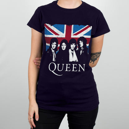 Queen Vintage Union Jack Ladies Navy Blue T-Shirt