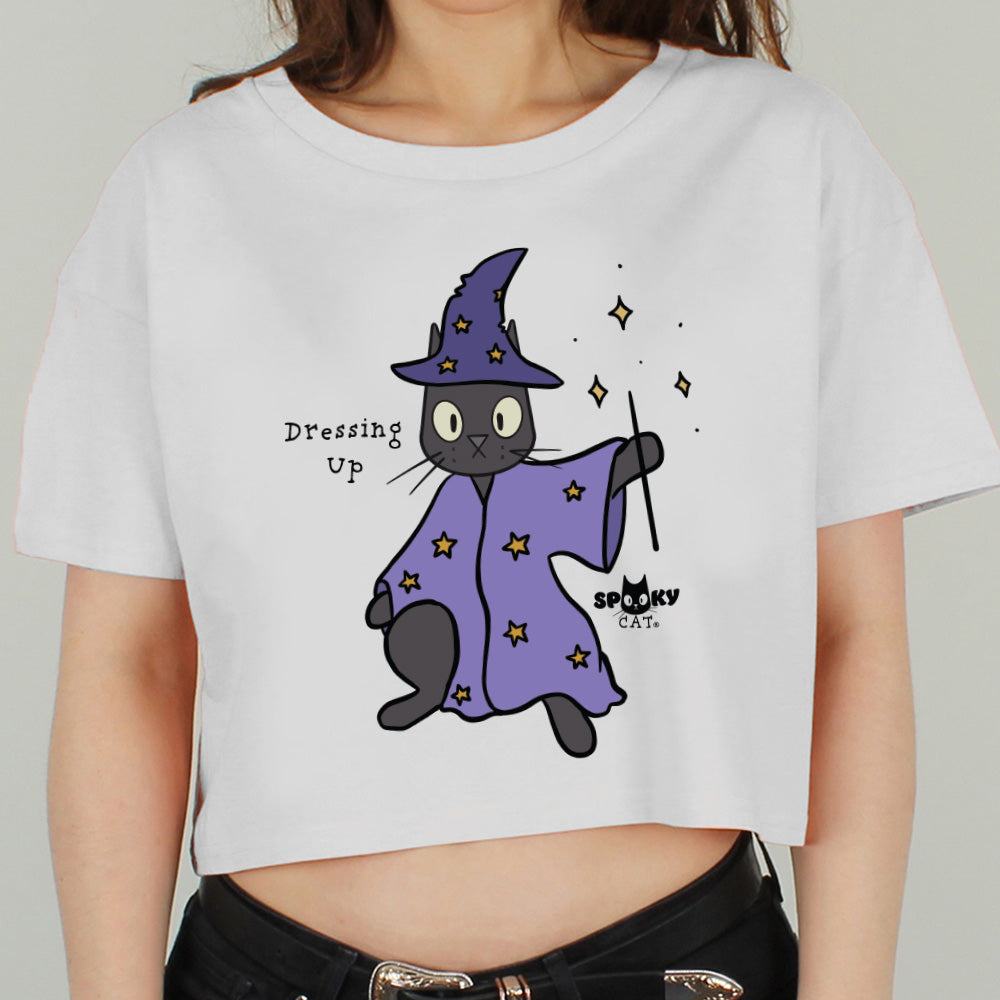 Spooky Cat Dressing Up White Boxy Crop Top