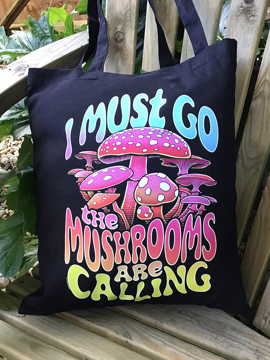 I Must Go The Mushrooms Are Calling Black Tote Bag